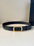 Crocodile-embossed leather belt with gold-tone rectangular buckle on dark blue strap