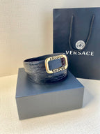 Crocodile-embossed leather belt with gold-tone buckle on dark blue strap