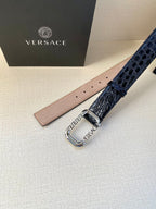 Versace belt with dark blue croc-textured strap, silver buckle, and sizing holes.