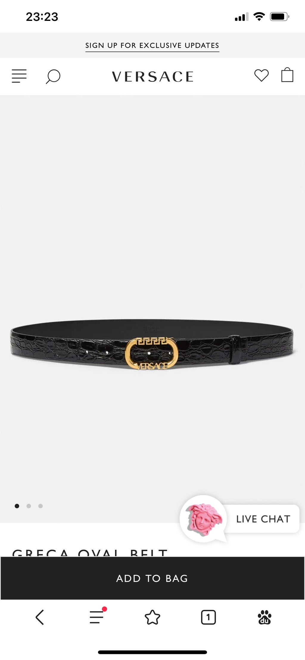 Black leather belt with gold Greca oval buckle