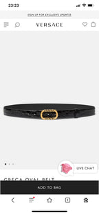 Black leather belt with gold Greca oval buckle
