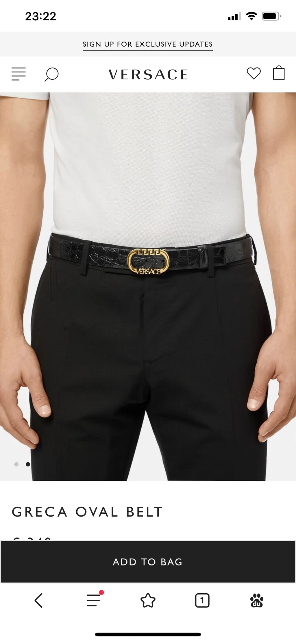 Greca oval belt on black leather strap with gold buckle