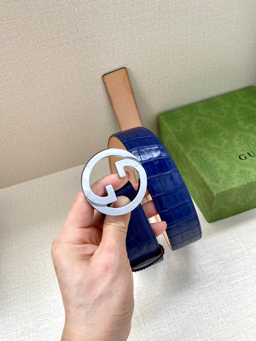 Blue croc-embossed Gucci belt with silver-tone GG buckle detail
