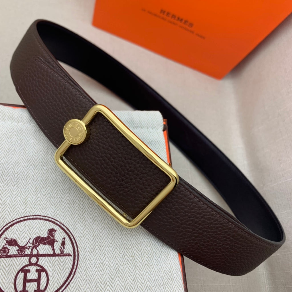 Leather belt with rectangular gold buckle and embossed leather strap, dark brown.