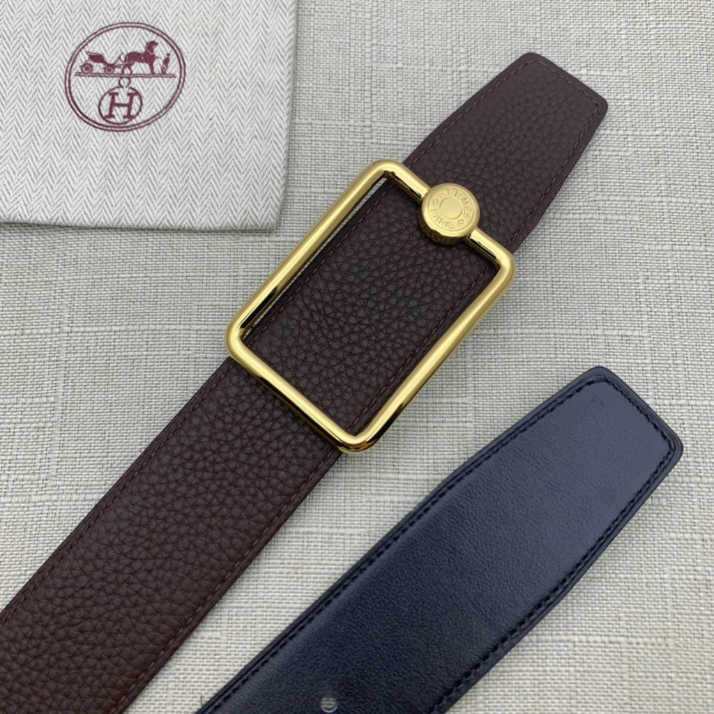 Embossed leather belt with rectangular gold buckle, dark brown strap.