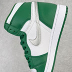 Green and white high-top sneaker quarter view with stitched panels and Swoosh