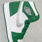 Green and white high-top sneaker side with Swoosh and Air Jordan Wings patch