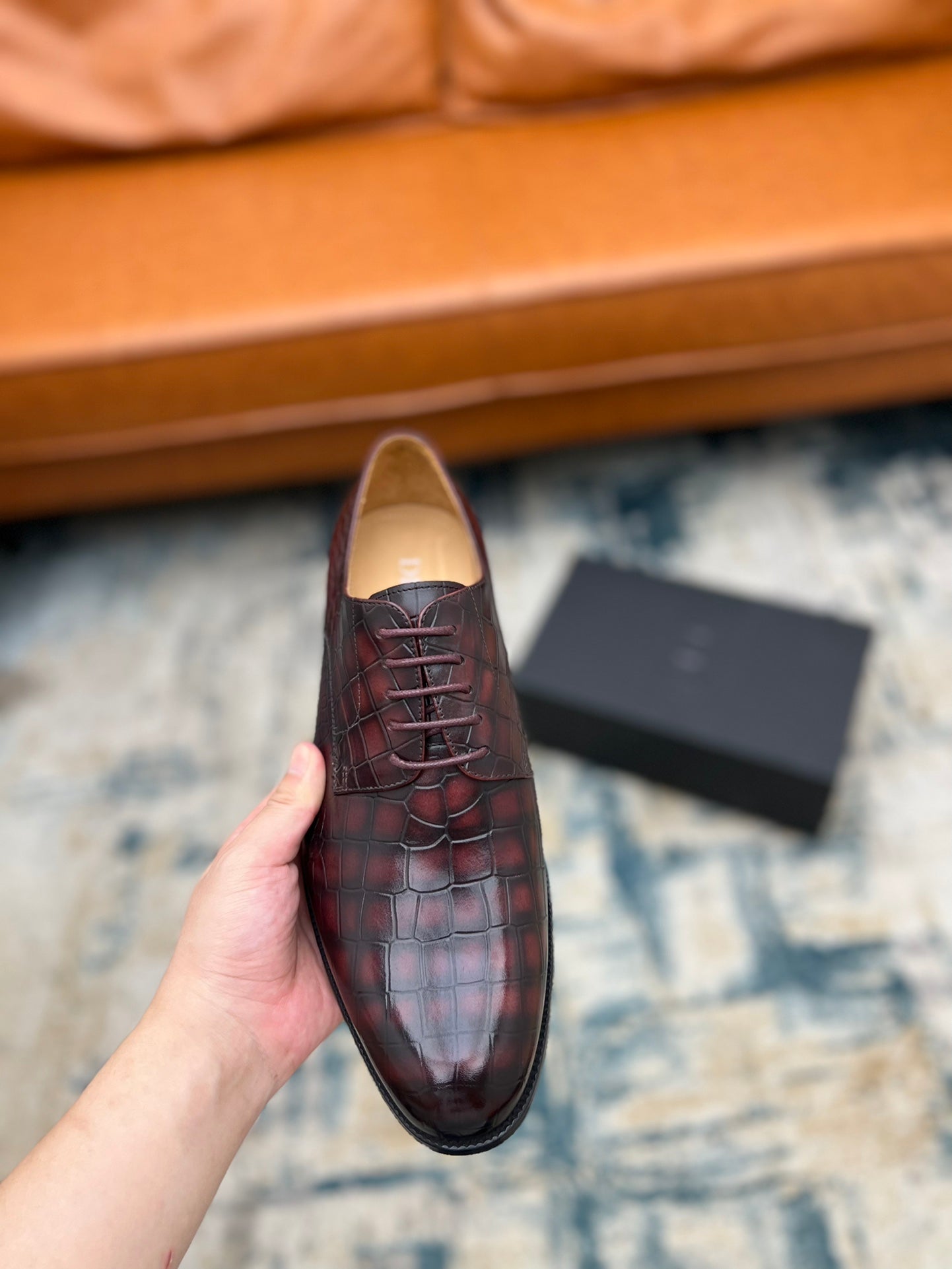 Dior unisex lace-up dress shoe in burgundy crocodile-embossed leather, front view