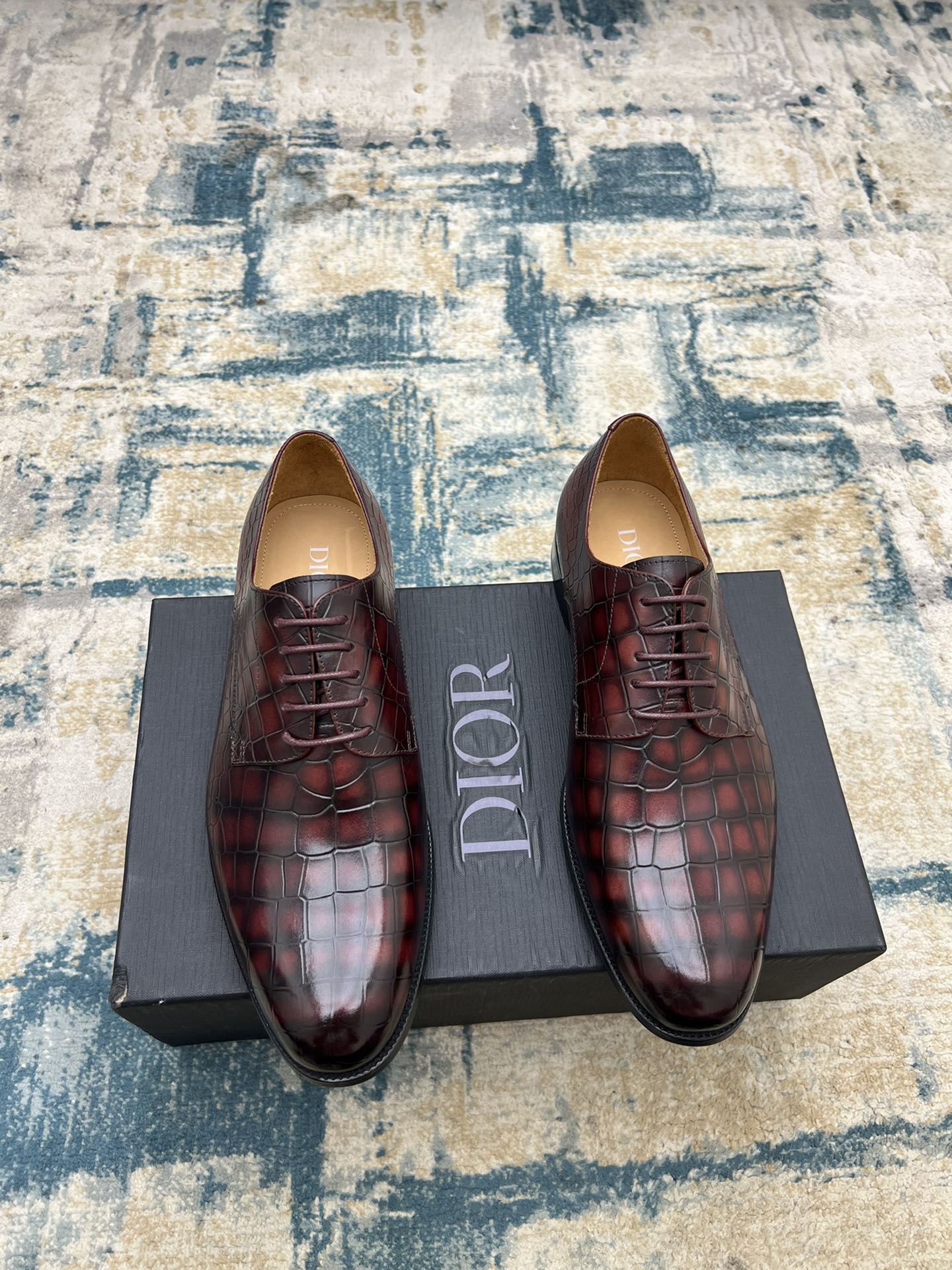 Dior unisex lace-up dress shoes in burgundy crocodile-embossed leather, pair