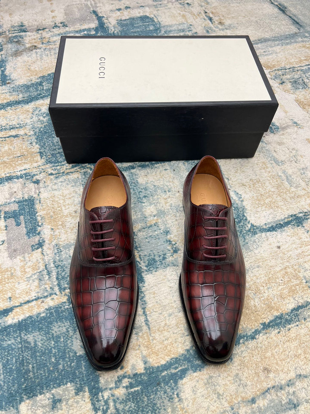 Pair of lace-up dress shoes, burgundy croc-textured leather, presented with box.