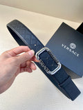 Versace belt in dark blue with dark monogram pattern and silver-toned buckle