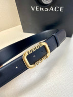 Versace leather belt with dark blue strap and gold-tone rectangular logo buckle detail