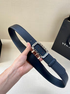 Versace leather belt in dark blue with silver-tone buckle and Greek key logo frame