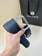 Versace leather belt with dark blue strap and silver-tone buckle with logo emblem
