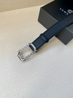Versace leather belt in dark blue with silver-tone buckle and polished metal logo
