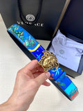Versace belt with bright blue printed strap and gold-tone Medusa buckle