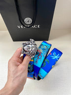 Versace belt with blue printed strap and large silver-tone Medusa head buckle