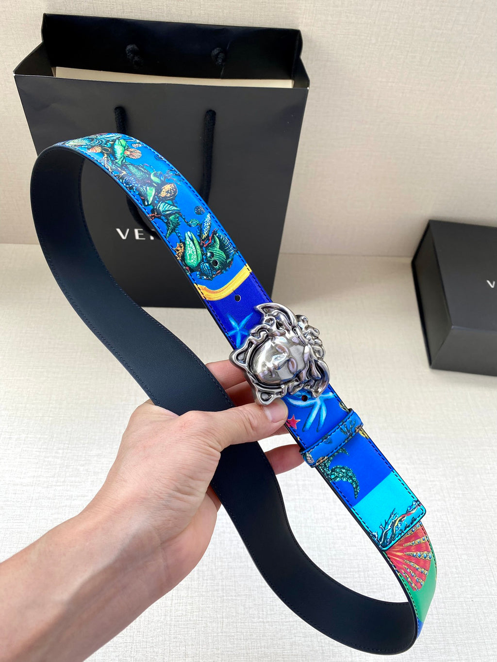 Versace belt with blue printed strap and silver-tone Medusa head buckle