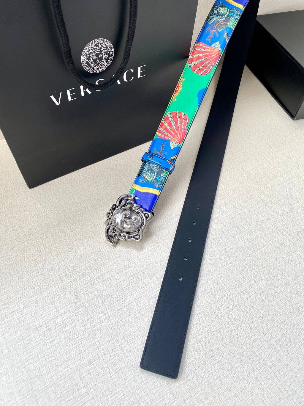 Versace belt with long blue printed strap and silver-tone Medusa buckle