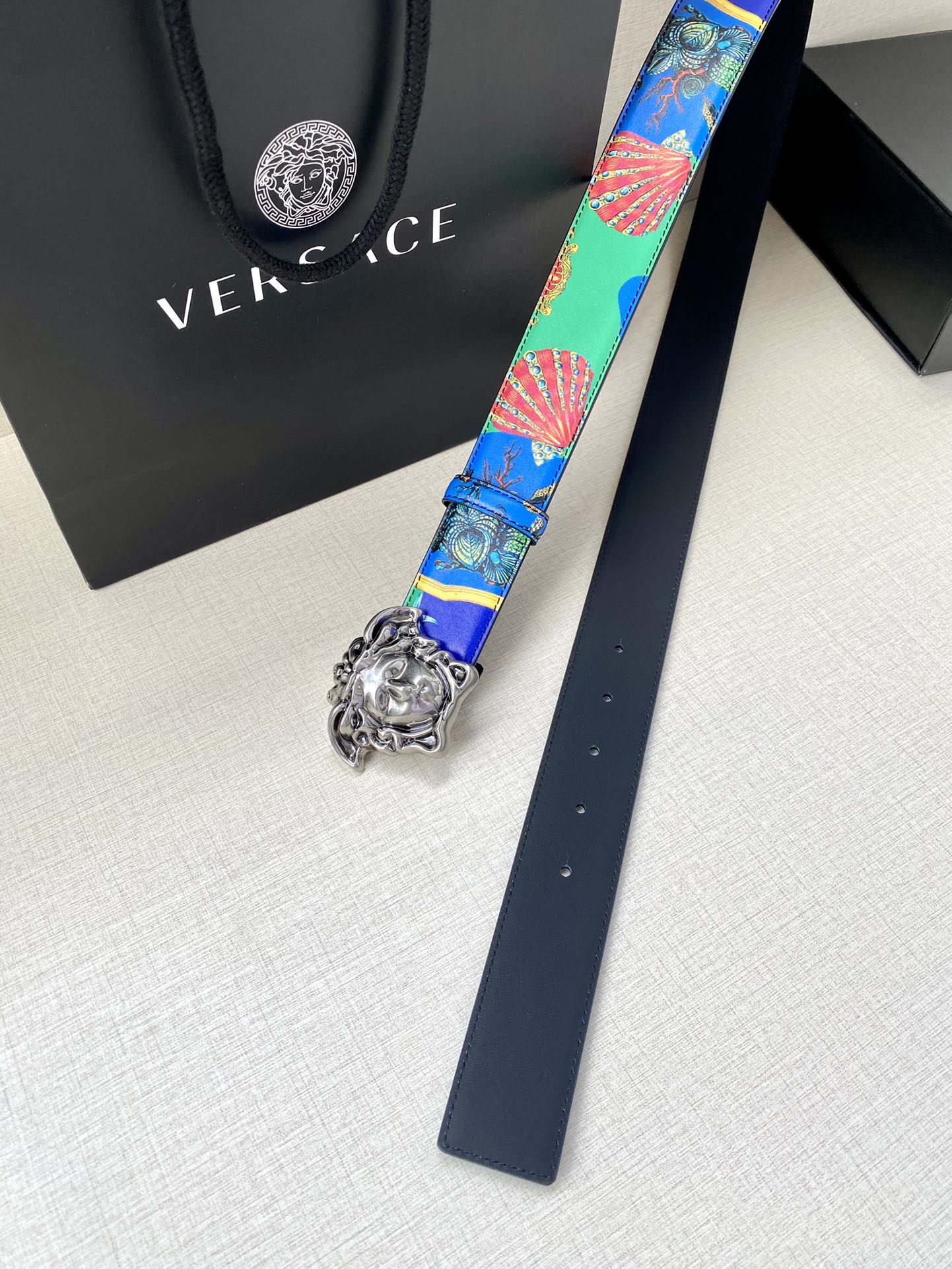 Versace belt with long blue printed strap and silver-tone Medusa buckle