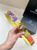 Versace belt with gold Medusa face buckle and purple yellow baroque print strap