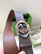 Gucci belt with light-brown leather, circular logo buckle, stitched strap