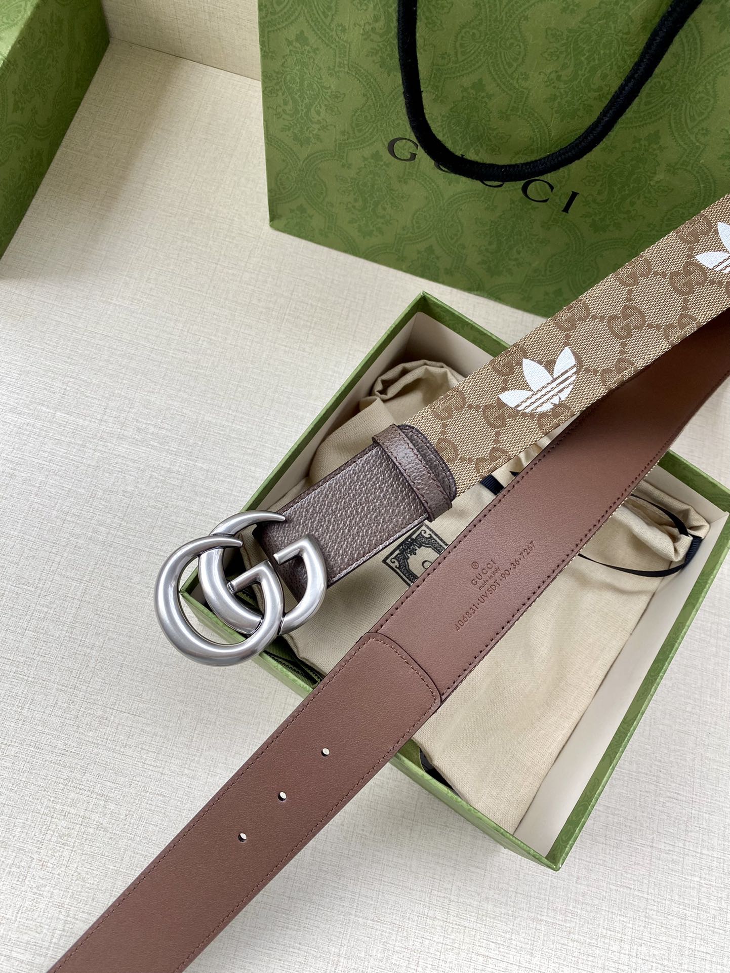 Gucci belt brown leather with GG monogram strap insert and silver double-G buckle