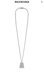 Silver-tone chain necklace with small mesh bell pendant and 8B label