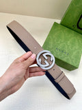 Gucci belt with light taupe leather strap and silver G logo buckle