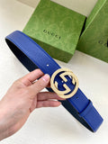 Gucci belt with blue leather strap and gold-toned GG buckle