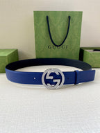 Gucci belt with blue leather and silver-toned GG buckle