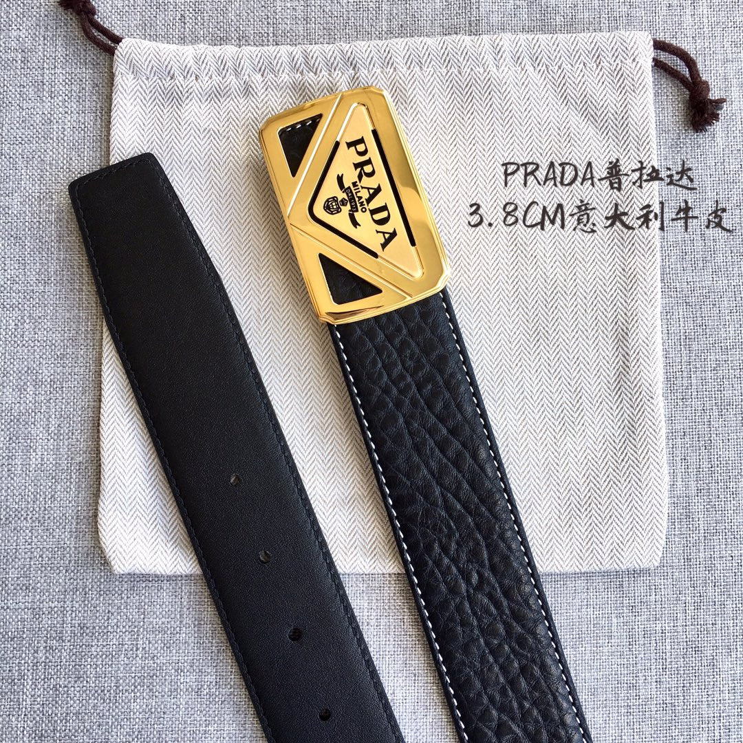 Prada belt with black leather strap, gold buckle, and visible adjustment holes