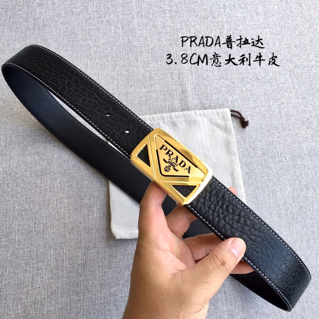 Prada leather belt with black strap and gold triangular buckle