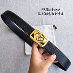 Prada leather belt with black strap and gold triangular buckle