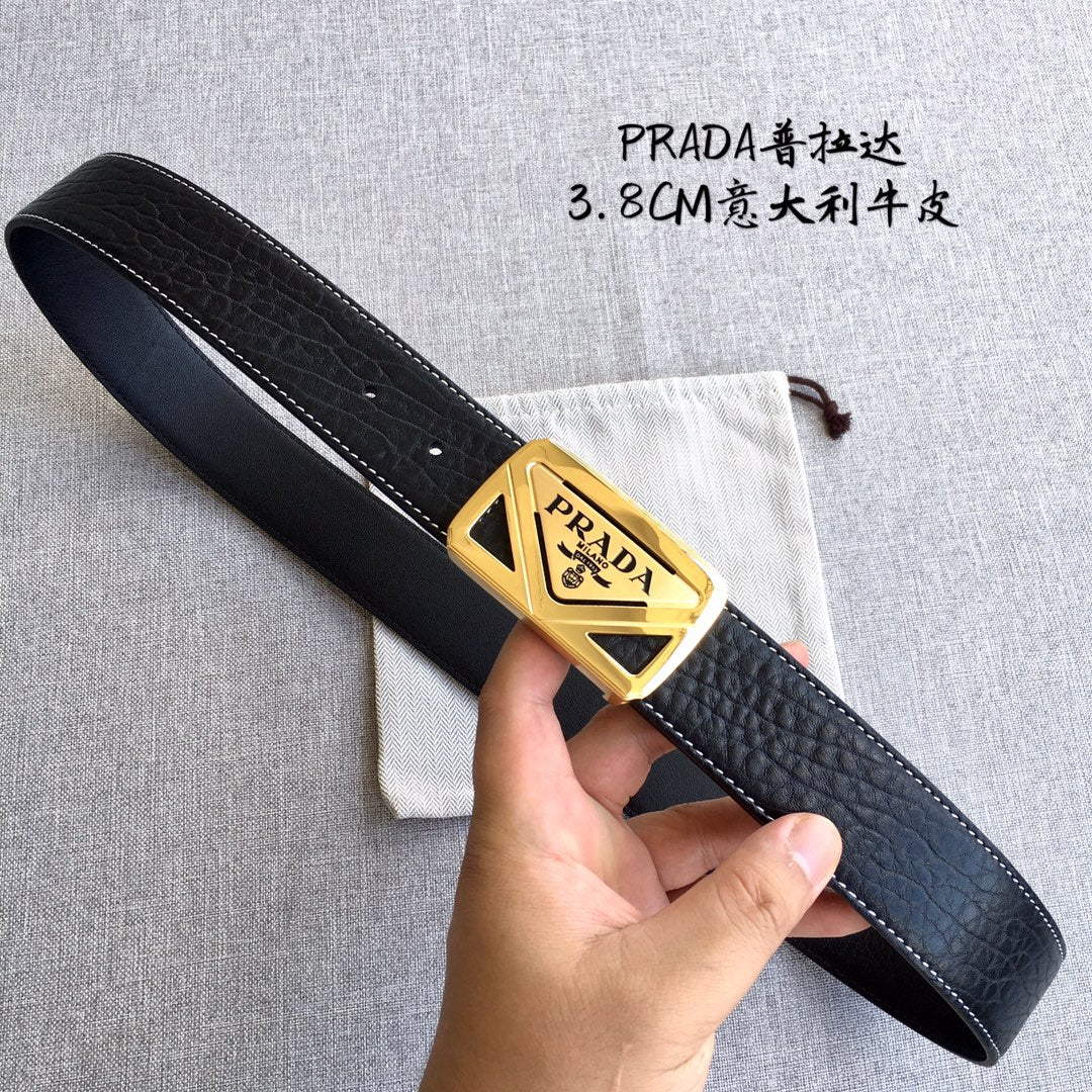 Prada leather belt with black strap and gold triangular buckle
