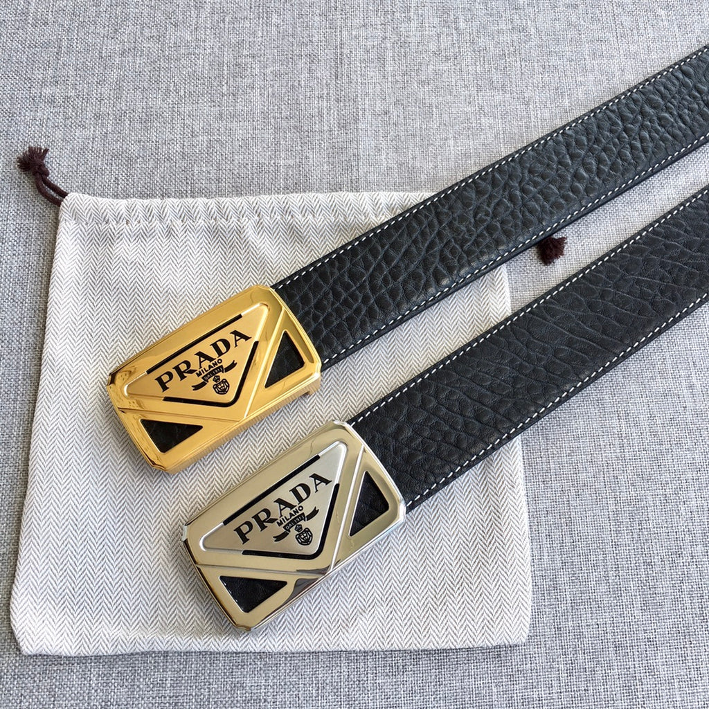 Prada belt set with black straps and gold triangular buckles, side-by-side