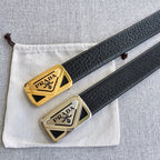 Prada belt set with black straps and gold triangular buckles, side-by-side