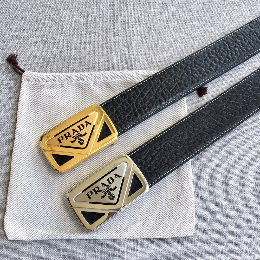 Prada belt set with black straps and gold triangular buckles, side-by-side