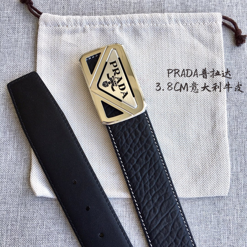 Prada belt set view: black leather strap with gold logo buckle and button holes