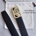 Prada belt set view: black leather strap with gold logo buckle and button holes