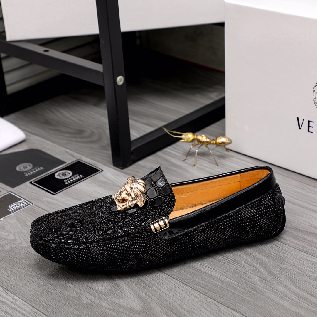 Versace black loafers with gold Medusa head ornament on textured upper