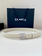 Chanel belt light cream leather with stud holes and rhinestone CC logo buckle