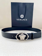 Versace belt in dark navy with embossed pattern and silver-tone oval buckle