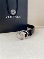 Versace belt in dark navy with embossed pattern and silver-tone oval Medusa buckle