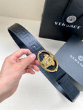 Versace belt in dark navy with embossed pattern and gold-tone oval Medusa buckle
