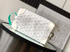 White Goyard monogram clutch bag with shoulder strap and metal side hardware