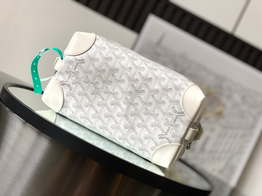 White Goyard monogram clutch bag with shoulder strap and metal side hardware