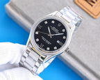 Stainless steel Rolex watch with black dial and Roman numerals, front close-up view.