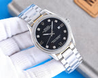 Stainless steel Rolex watch with black dial, Roman markers, date window at 3 o'clock.