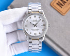 Stainless steel Rolex watch with white dial, Roman numerals, date window at 3 o'clock.